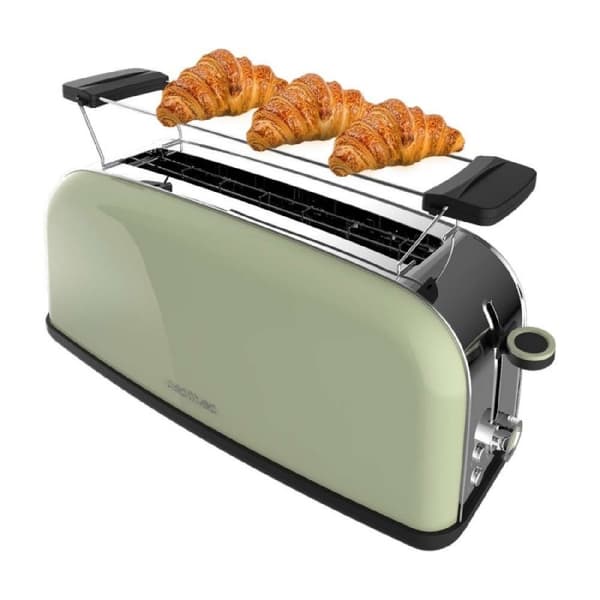 Cecotec Steel toaster with single long slot, 850 W power, and warming rack.