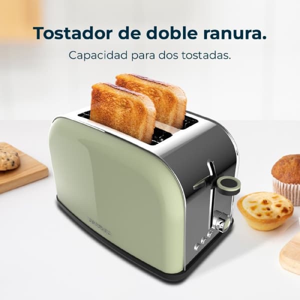Cecotec Steel toaster with double short slot, 850 W power, and warming rack.