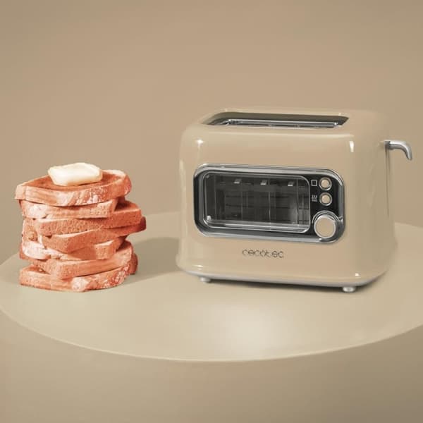 Cecotec Toaster with glass window, retro design, and dust cover.