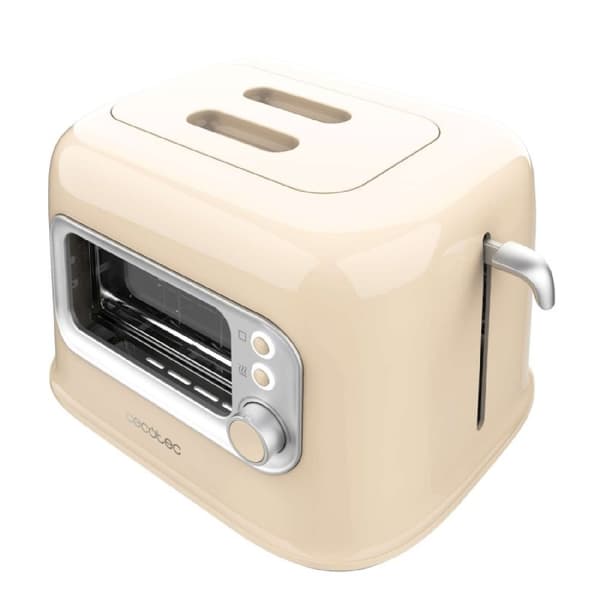 Cecotec Toaster with glass window, retro design, and dust cover.