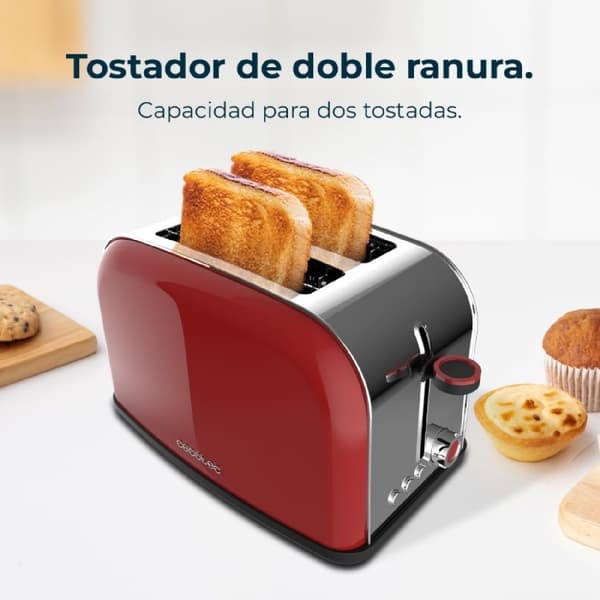 Cecotec Steel toaster with double short slot, 850 W power, and warming rack.