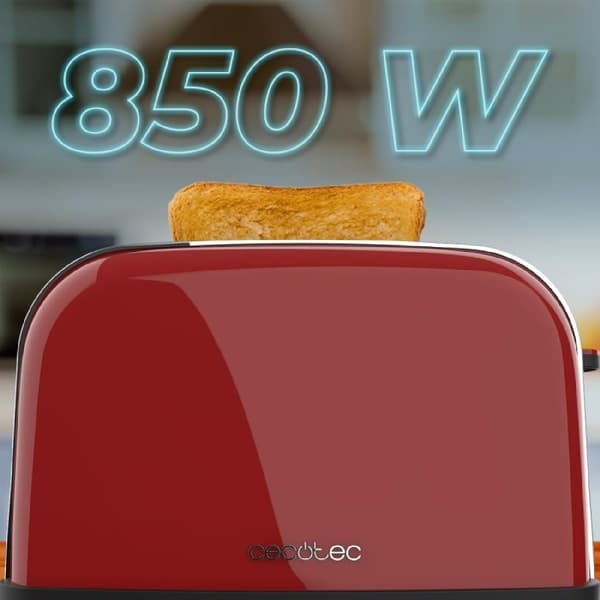 Cecotec Steel toaster with double short slot, 850 W power, and warming rack.