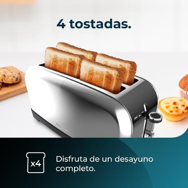 Cecotec Steel toaster with double long slot, 1500 W power, and warming rack.