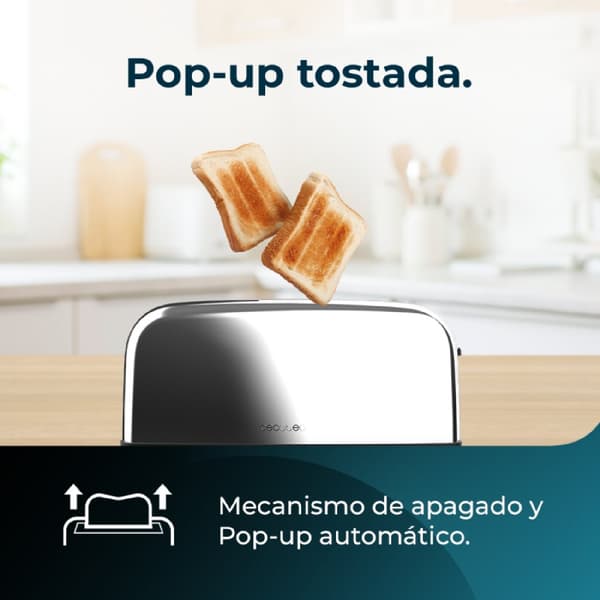 Cecotec Steel toaster with double long slot, 1500 W power, and warming rack.