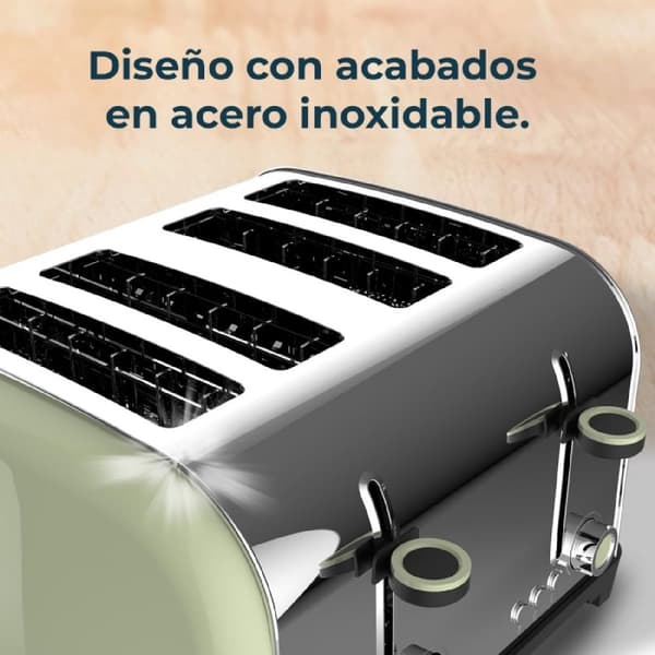 Cecotec Steel toaster with four short slots, 1700 W power, and warming rack.