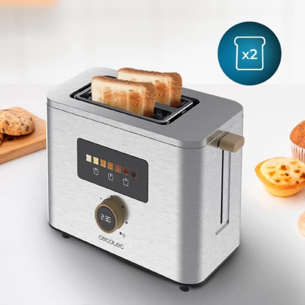 Cecotec Steel toaster with double short slot and touch display.