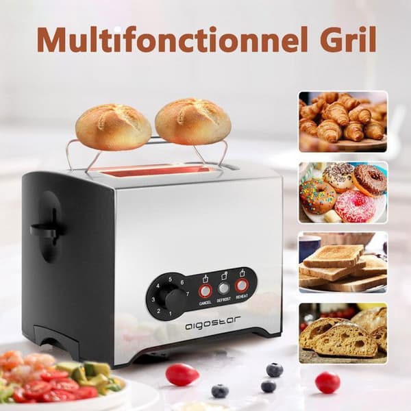 Aigostar Mini Sunshine - Brödrost med 2 extra breda fack och 7 nivåer av bruning. Funktionen brödrost, avfrosta, 900W, 0% BPA.