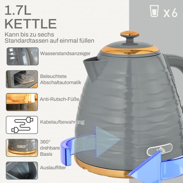 Rootz Kettle leivänpaahdinsarja - Pebble Design - 7 ruskistustasoa - 1,7 litran tilavuus - LED-ilmaisimet - Automaattinen keskitys - 29,2 cm x 27,5 cm