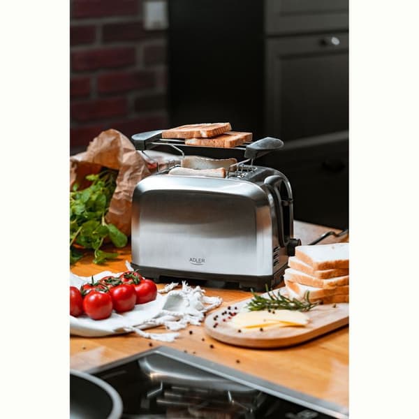 Brödrost 2 Skivor, 2 Fack, 3 Funktioner, 7 Rostningsnivåer, Rostfritt Stål Adler AD3222 1000W Silver 02178