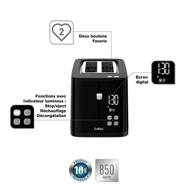 Tefal SMART N' LIGHT BROSTASTER BROSTASTER 2 PLATSER 7 GULDS SVART DIGITAL SKÄRM TT640810