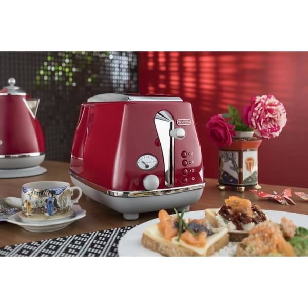 DELONGHI ICONA CAPITALS Brödrost 2 skivor - 900W - 3-funktions brödrost - Bakverksvärmare ingår - Röd