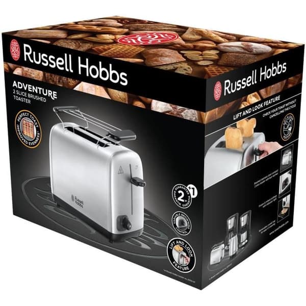 RUSSELL HOBBS Äventyrsbrödrost - Brynningskontroll, bakverksvärmare - Borstat stål