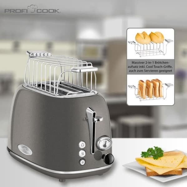 Brödrost med bred öppning 2 skivor Vintage design 3 funktioner 6 nivåer Proficook TA 1193800WGray