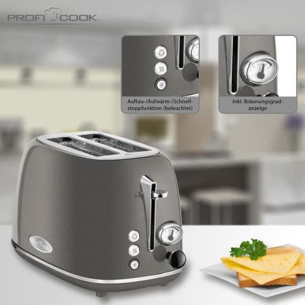 Brödrost med bred öppning 2 skivor Vintage design 3 funktioner 6 nivåer Proficook TA 1193800WGray