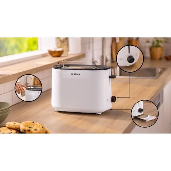 Brödrost - BOSCH - TAT2M121 MyMoment - Vit - 2 skivor - automatisk brödcentrering - upptining och uppvärmning