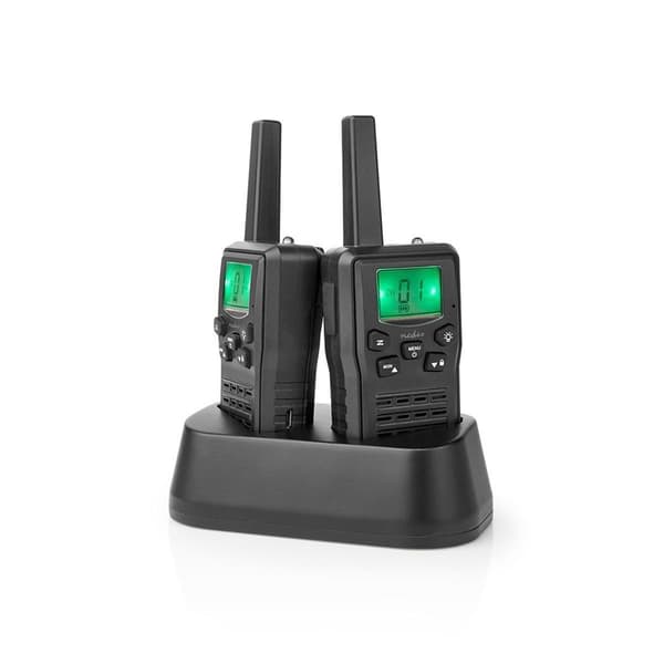 Nedis Walkie-Talkie Set | 2 håndsett | Opp til 10 km | Frekvens kanal: 8 | PTT / VOX | Opp til 6 timer | Ladestasjon inkludert | Hodetelefonutgang | S