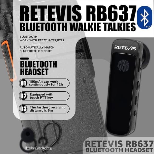 Retevis RB637 Talkie-Walkie med Bluetooth Öronpropp, Tvåvägsradio, 2000mAh USB Återuppladdningsbar, Ficklampa, Handsfree
