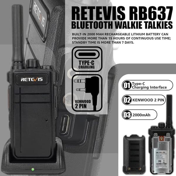 Retevis RB637 Talkie-Walkie med Bluetooth Öronpropp, Tvåvägsradio, 2000mAh USB Återuppladdningsbar, Ficklampa, Handsfree