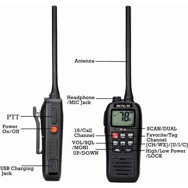 Retevis RA26 VHF Marin Radio, IP67 Vattentålig, 1500mAh, Övervakningsscanning, Dubbel/Tri Vakt, USB Laddning, Både vägbaserad Marin Radio