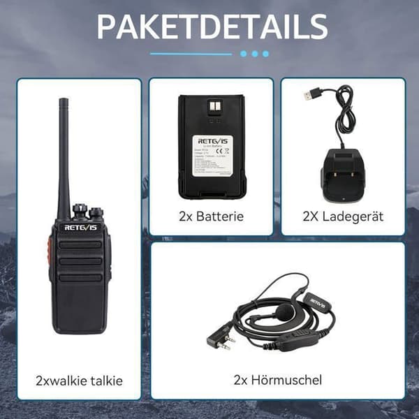 Retevis RT24 Talkie Walkie Uppladdningsbar Professionell PMR446 16 Kanaler CTCSS/DCS, med Hörsnäcka och Laddning, för Vandringar