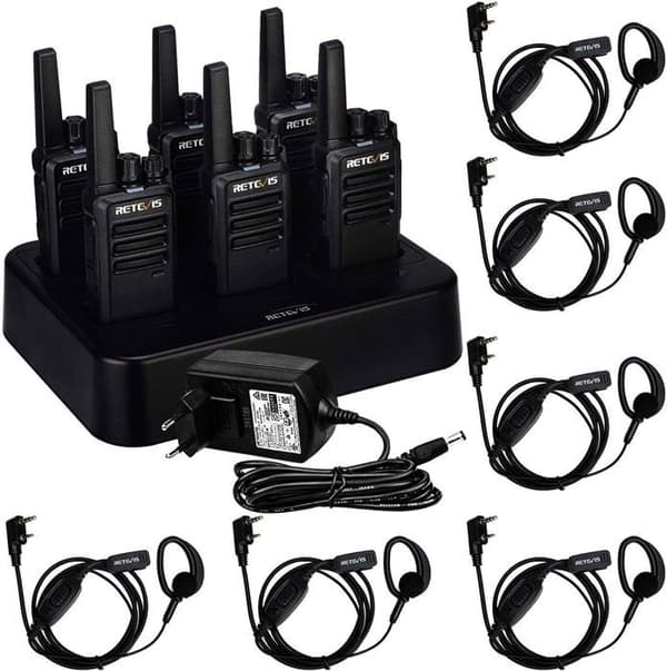 Retevis RT668 Walkie Talkie, med 6-vägs laddare, hörlurar, uppladdningsbar Walkie Talkie 1200 mAh, VOX, för Skola, Säkerhet (6 st)
