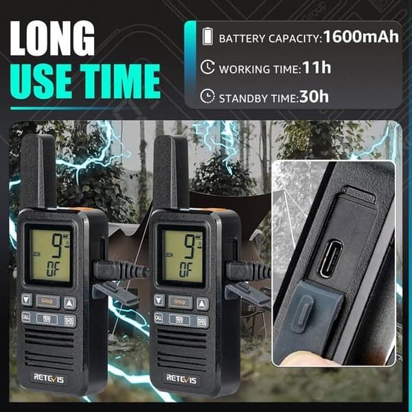 Retevis RB667 Talkie Walkie Mini, PMR446 1600mAh USB-C, LCD-skärm, Gruppanrop VOX med hörlurar för vandring, camping (2 st)
