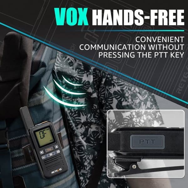 Retevis RB667 Talkie Walkie Mini, PMR446 1600mAh USB-C, LCD-skärm, Gruppanrop VOX med hörlurar för vandring, camping (2 st)