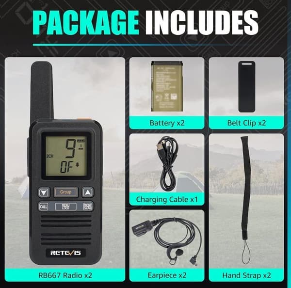 Retevis RB667 Talkie Walkie Mini, PMR446 1600mAh USB-C, LCD-skärm, Gruppanrop VOX med hörlurar för vandring, camping (2 st)