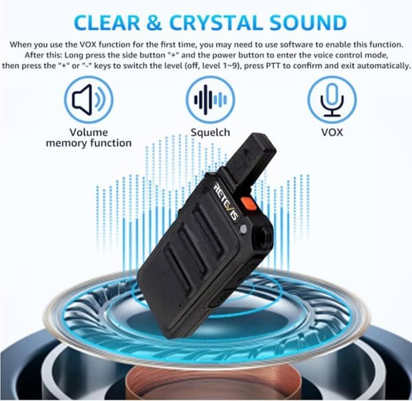 Retevis RT619 Mini Talkie Walkie med Hörlurar, PMR446 1300mAh Uppladdningsbar, Metall Bakclip, VOX, för skolan (10 St)