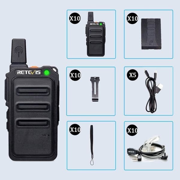 Retevis RT619 Mini Talkie Walkie med Hörlurar, PMR446 1300mAh Uppladdningsbar, Metall Bakclip, VOX, för skolan (10 St)