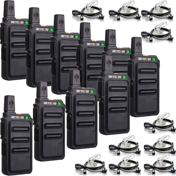 Retevis RT619 Mini Talkie Walkie med Hörlurar, PMR446 1300mAh Uppladdningsbar, Metall Bakclip, VOX, för skolan (10 St)