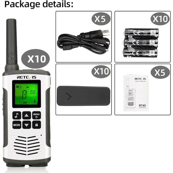 Retevis RT45 Licensfri Walkie Talkie Uppladdningsbar VOX enkel knappsats LCD-övervakning fast antenn (silver, 5 par)