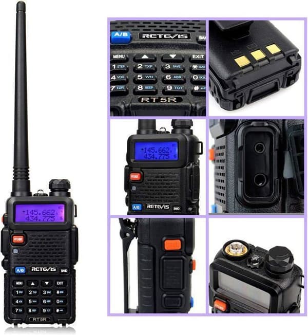 Retevis RT5R Talkie Walkie, Dubbelband lång räckvidd, 128 kanaler VOX, LED, uppladdningsbar tvåvägsradio med FM för jakt