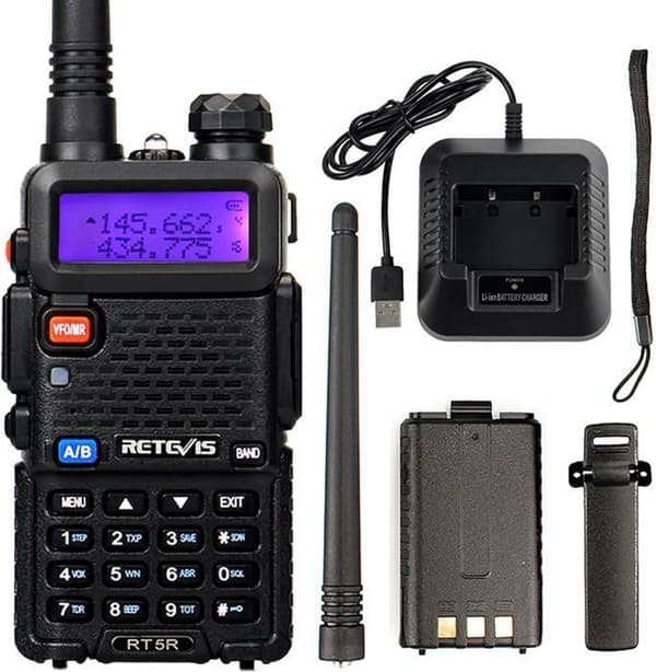 Retevis RT5R Talkie Walkie, Dubbelband lång räckvidd, 128 kanaler VOX, LED, uppladdningsbar tvåvägsradio med FM för jakt