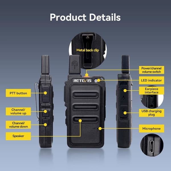 Retevis RT619 Talkie Walkie Mini PMR446 Uppladdningsbar 1300mAh, VOX Squelch, 2 i 1 USB, utan licens Bärbar, för Restaurang (4St)