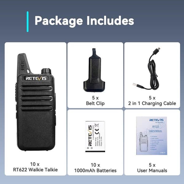 Retevis RT622 Talkie Walkie Mini Professionell, PMR446, VOX Squelch, Laddningsbar Lång Räckvidd för Skolan, Restauranger (10 Pack)