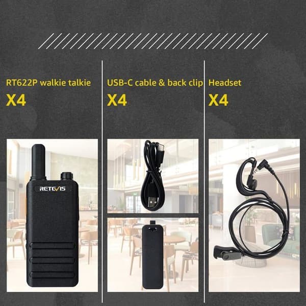 Retevis RT622P Talkie Walkie Mini, 15mm Ultra-Tunn, 1620mAh Uppladdningsbart Batteri USB-C, VOX, Professionell med Hörlurar (4 st)