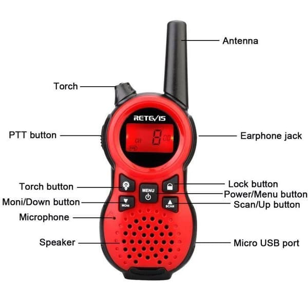 Retevis RT638 Walkie Talkie Barn, Talky 16 Kanaler Lång Räckvidd LCD Ficklampa, Present Leksak för Utomhus Äventyr Camping