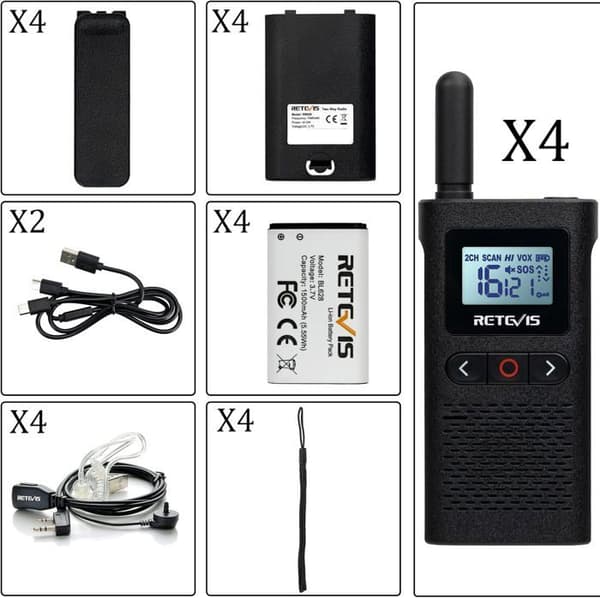 Retevis RB628 Talkie Walkie Uppladdningsbar med Hörlurar, PMR446, 1500mAh, VOX, LCD-skärmar, CTCSS/DCS, för Restaurang, Skola (4 St)