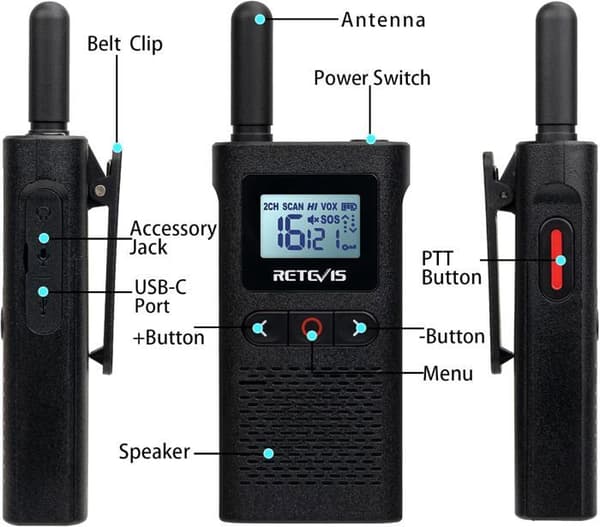 Retevis RB628 Talkie Walkie Uppladdningsbar med Hörlurar, PMR446, 1500mAh, VOX, LCD-skärmar, CTCSS/DCS, för Restaurang, Skola (4 St)