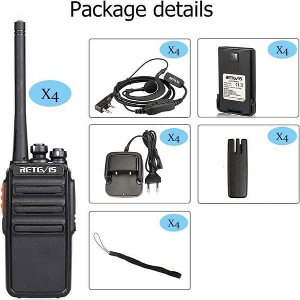 Retevis RT24 Walkie Talkie Uppladdningsbar, Professionell med Hörsnäcka och Laddare, PMR446 utan Licens 16 Kanaler, för Camping (4 st)