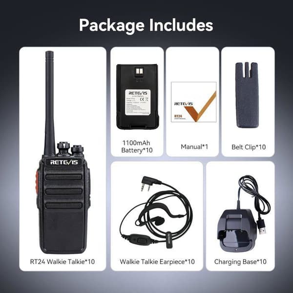 Retevis RT24 Plus Walkie Talkie, lång räckvidd, PMR446, 16 kanaler, laddningsbar tvåvägsradio, professionellt headset (10 st)