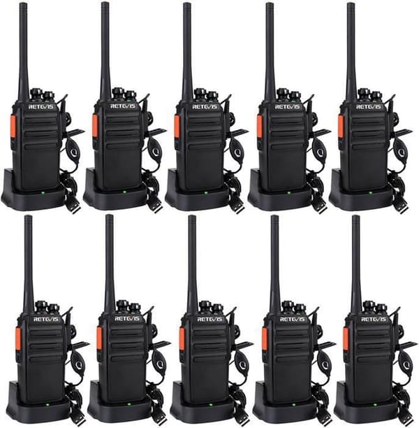 Retevis RT24 Plus Walkie Talkie, lång räckvidd, PMR446, 16 kanaler, laddningsbar tvåvägsradio, professionellt headset (10 st)