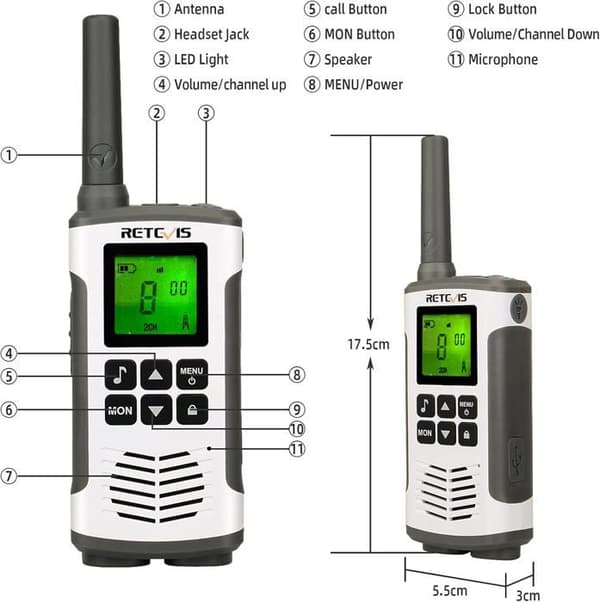 Retevis RT45 Talkie Walkie Lång Räckvidd, utan Licens 16 Kanaler, PMR446, 121 VOX Koder, Uppladdningsbar USB, för Skola Familj (4 St)