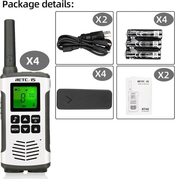 Retevis RT45 Talkie Walkie Lång Räckvidd, utan Licens 16 Kanaler, PMR446, 121 VOX Koder, Uppladdningsbar USB, för Skola Familj (4 St)