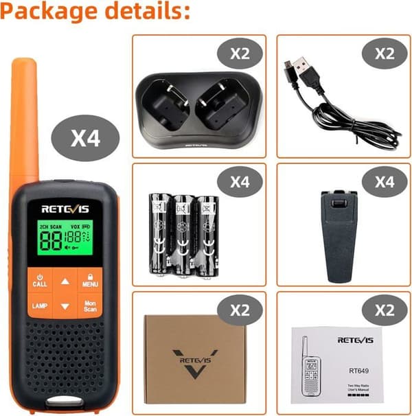 Retevis RT649 Talkie Walkie Professionell, Uppladdningsbar PMR446 Talkie Walkie, IP65 Vattentät, USB-laddning för Camping Vandringar