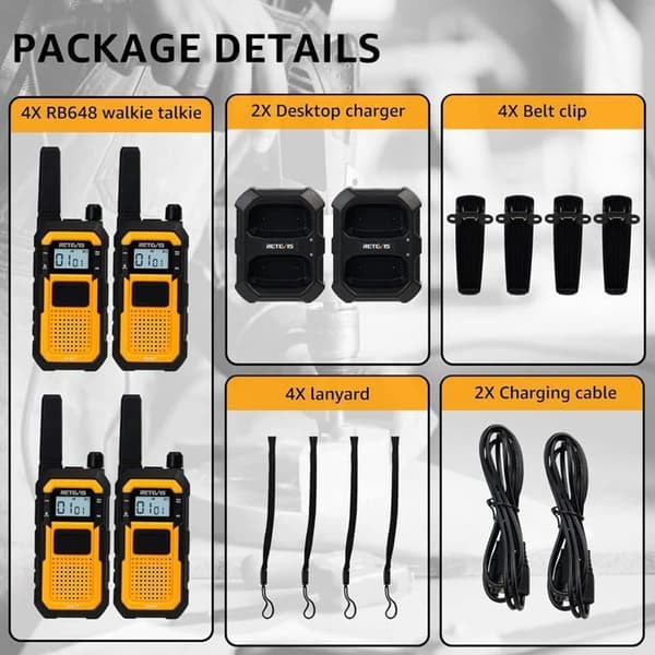 Retevis RB648 Walkie Talkie Robust, Vattentålig Radio Bidirektionell IP67, 2000 mAh Återuppladdningsbar, Dubbel PTT, Nödalarm (4 St)