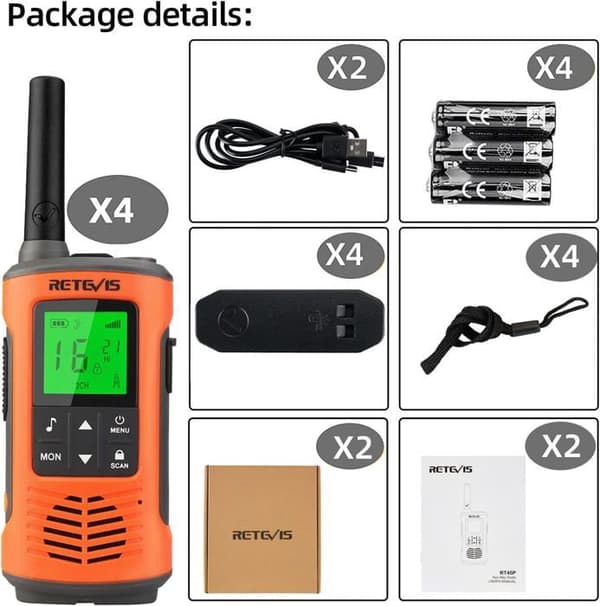 Retevis RT45P Walkie Talkie IP67 Vattentät, Uppladdningsbar, 16 Kanaler, PMR446 utan Licens, LED Ficklampa, SOS, för Aktiviteter (4 St)
