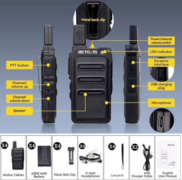 Retevis RT619 Talkie Walkie med headset, PMR446 Mini 16 Kanaler VOX Squelch, Licensfri Radiouppsättning Micro USB 1300mAh(4 st)