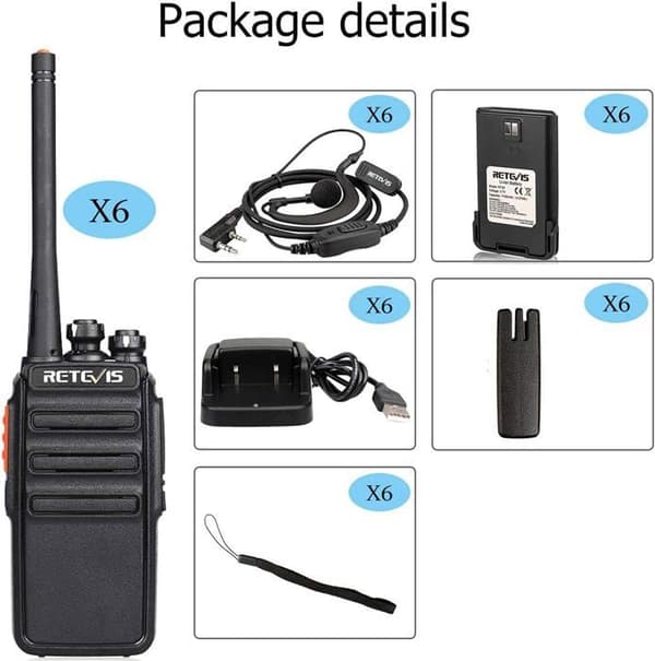 Retevis RT24 Walkie Talkie Uppladdningsbar PMR446 utan Licens 16 Kanaler CTCSS/DCS, med USB Laddningsbas och Hörsnäcka (6 St)